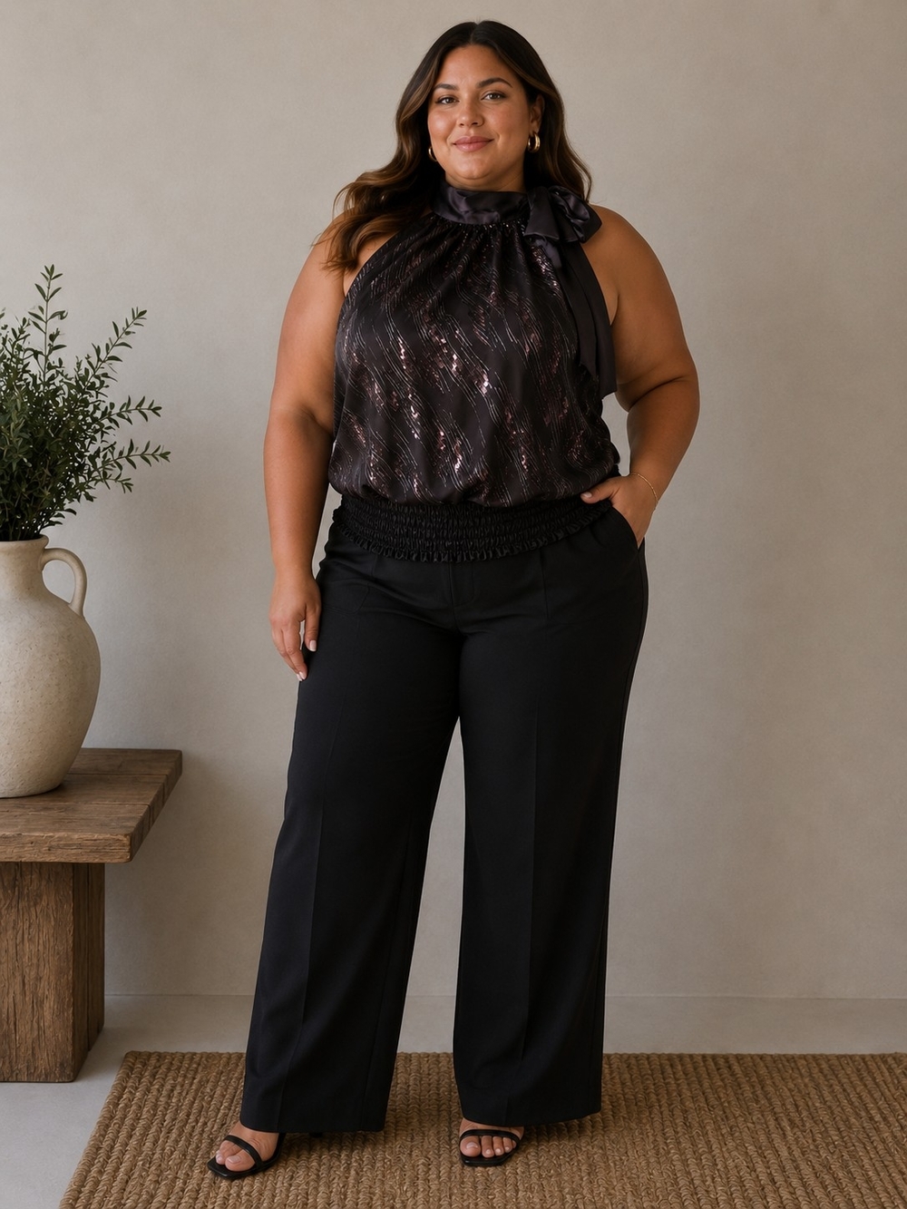 Halo Black Wide-Leg Smocked-Waist Pull-On Pants